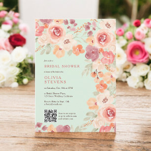 Boho chic fall peach mint qr code bridal shower invitation