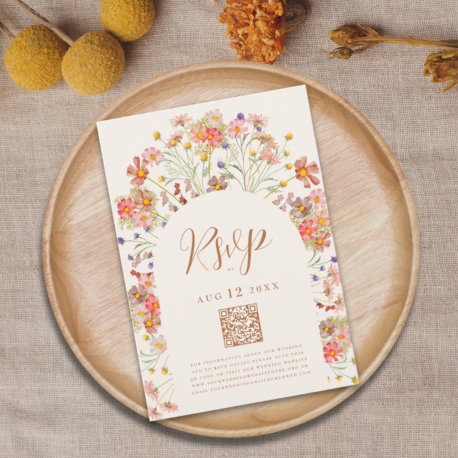 Boho Chic Fall Wildflower Arch RSVP Card (Boho fall Wildflower floral arch Wedding RSVP website QR code watercolor autumn florals terracotta)
