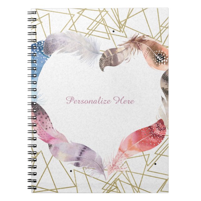 Boho Chic Feather Heart Glam Modern Notebook (Front)