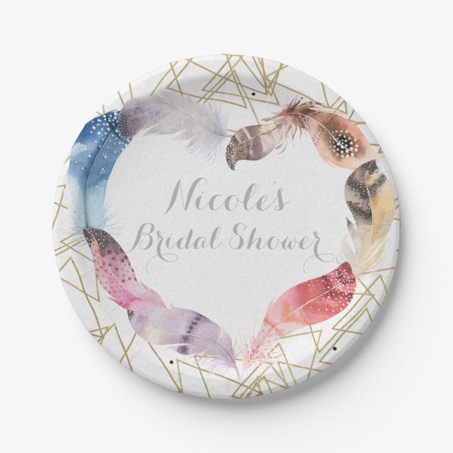 Boho Chic Feather Heart Personalised Party Paper Plate (Front)