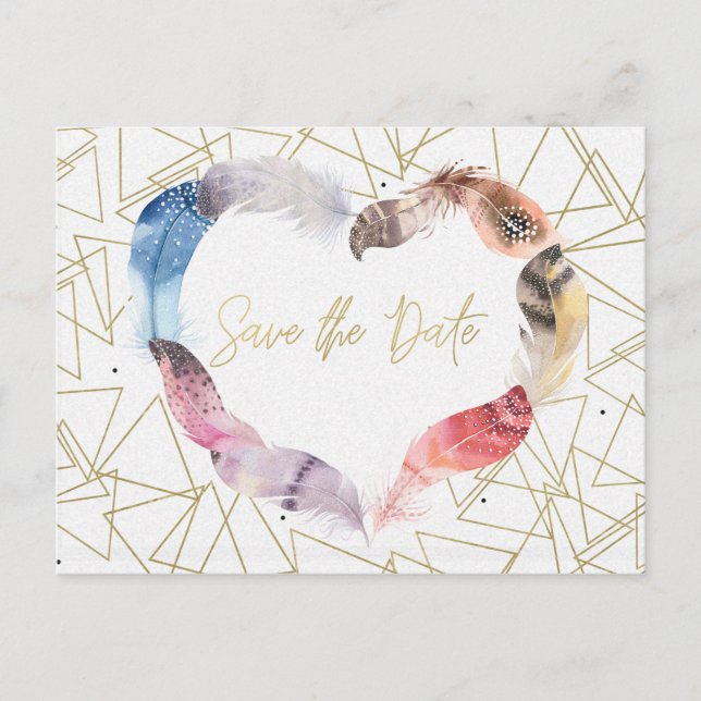 Boho Chic Feather Heart Save the Date Modern Announcement Postcard (Front)