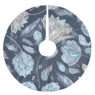 Boho Chic Feathers Flowers: Watercolor Dark Blue P Brushed Polyester Tree Skirt