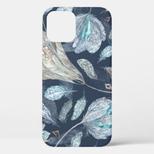 Boho Chic Feathers Flowers: Watercolor Dark Blue P iPhone 12 Case
