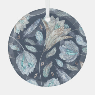 Boho Chic Feathers Flowers: Watercolor Dark Blue P Glass Tree Decoration