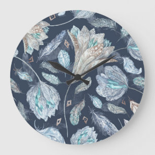Boho Chic Feathers Flowers: Watercolor Dark Blue P Large Clock