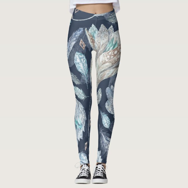 Boho Chic Feathers Flowers: Watercolor Dark Blue P Leggings (Front)