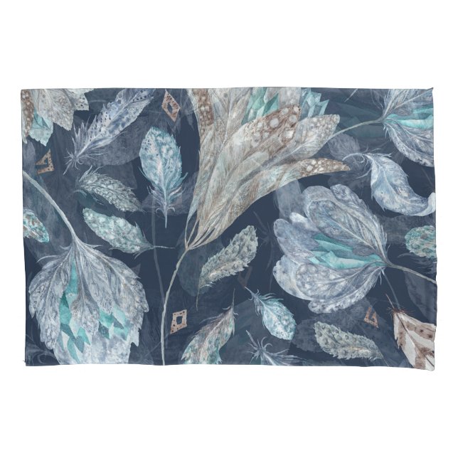Boho Chic Feathers Flowers: Watercolor Dark Blue P Pillowcase (Front)