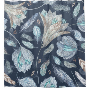 Boho Chic Feathers Flowers: Watercolor Dark Blue P Shower Curtain