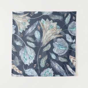Boho Chic Feathers Flowers: Watercolor Dark Blue P Tapestry