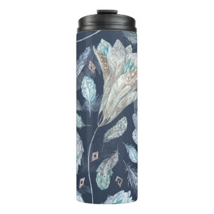 Boho Chic Feathers Flowers: Watercolor Dark Blue P Thermal Tumbler