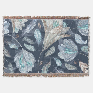 Boho Chic Feathers Flowers: Watercolor Dark Blue P Throw Blanket