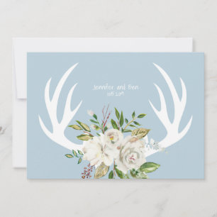Boho Chic Floral Antlers Wedding Blue Thank You Card