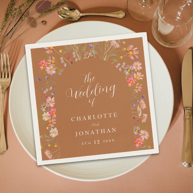 Boho Chic Floral Arch Fall Wedding Napkin (Terracotta burnt orange boho fal floral arch fall wedding custom napkins elegant script wildflowers)