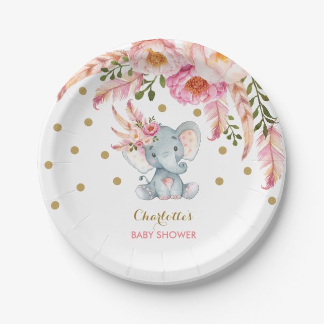 Boho Chic Floral Baby Elephant Pink Gold 7" Plate (Front)
