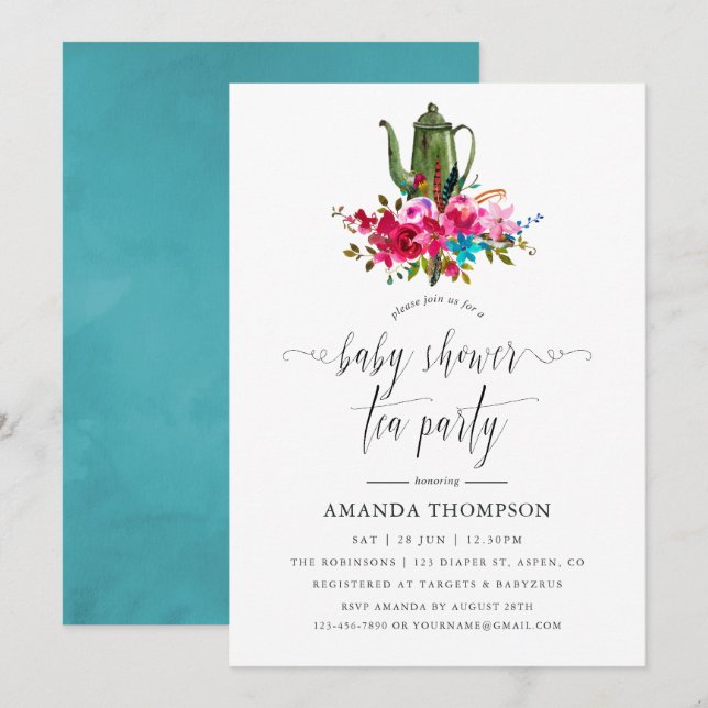 Boho Chic Floral Baby Shower Tea Party Invitation (Front/Back)