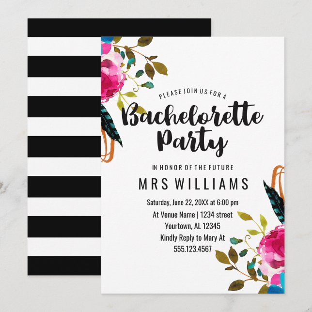 Boho Chic Floral Bachelorette Party Invitation (Front/Back)