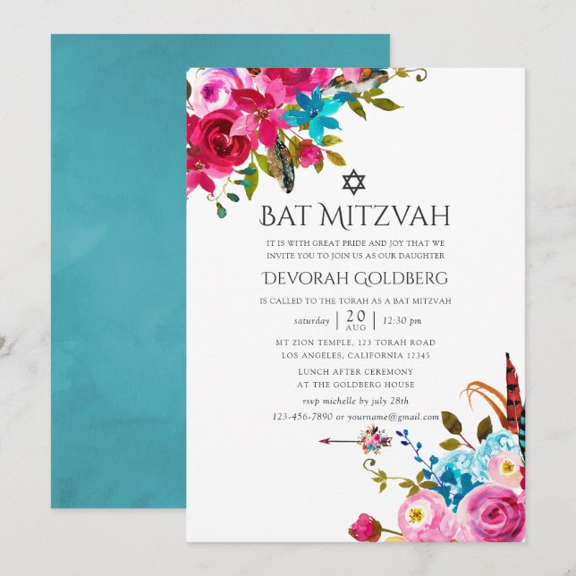 Boho Chic Floral Bat Mitzvah Invitation (Front/Back)