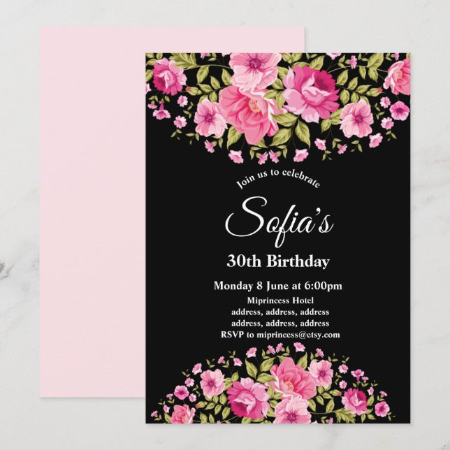 boho chic floral birthday party invitation (Front/Back)