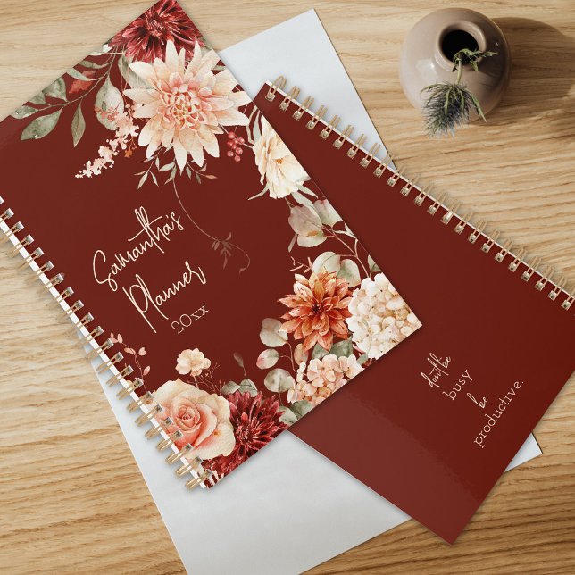 Boho Chic Floral Botanical Spicy Fall Colours Planner (Beautiful mixed floral planner in spicy fall colors.  Monthly and weekly views for one year.)