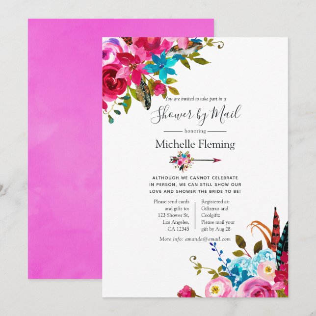 Boho Chic Floral Bridal or Baby Shower by Mail Invitation (Front/Back)