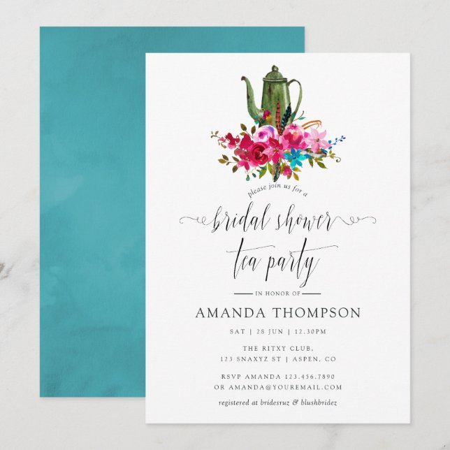 Boho Chic Floral Bridal Shower Tea Party Invitation (Front/Back)