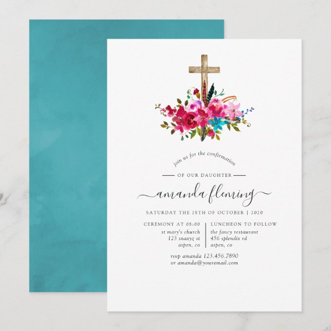 Boho Chic Floral Confirmation Invitation (Front/Back)