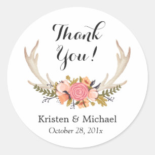 Boho Chic Floral Deer Antler Thank You Classic Round Sticker