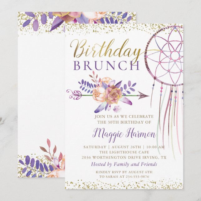 Boho Chic Floral Dreamcatcher Birthday Brunch Invitation (Front/Back)