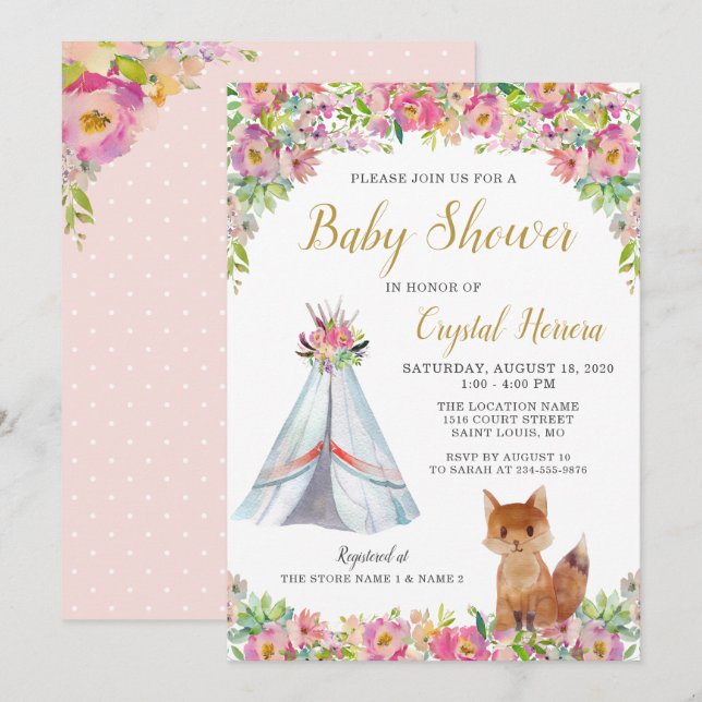 Boho Chic Floral Fox Teepee Tribal Baby Shower Invitation (Front/Back)