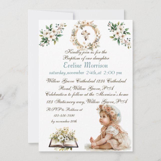 Boho Chic Floral Girls Baptism Invitation (Front)