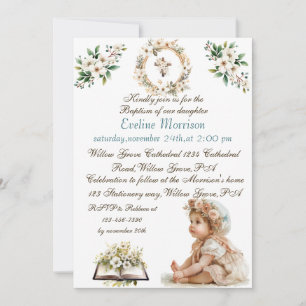 Boho Chic Floral Girls Baptism Invitation