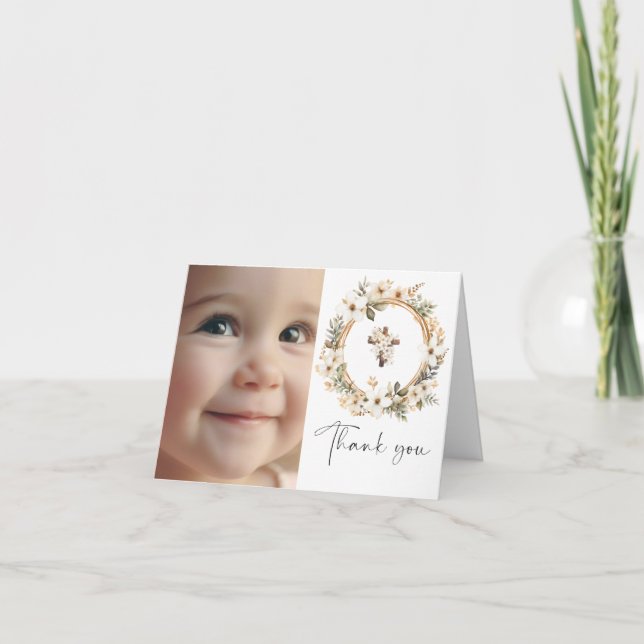 Boho Chic Floral Girls Baptism Thank You Card (Front)