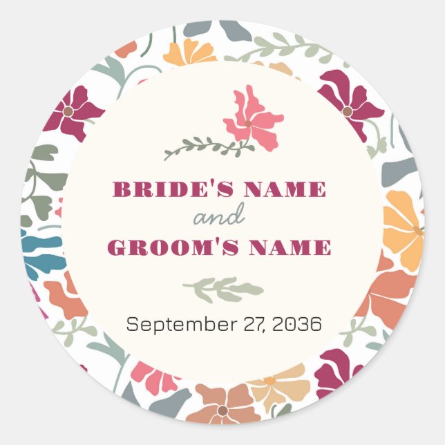 Boho Chic Floral Mid Century Retro Wedding Classic Round Sticker (Front)