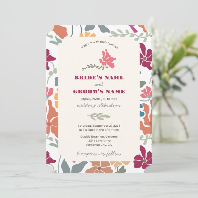 Boho Chic Floral Mid Century Retro Wedding Invitation (Standing Front)