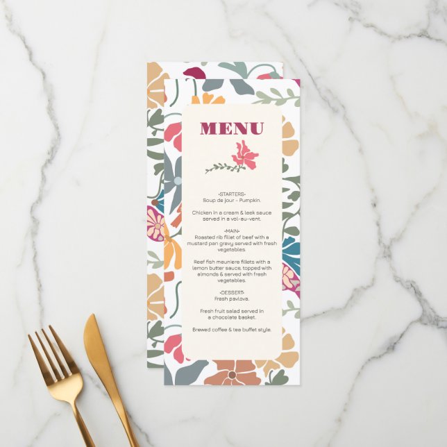 Boho Chic Floral Mid Century Retro Wedding Menu (Front/Back In Situ)