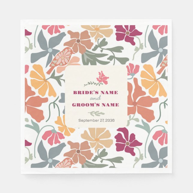 Boho Chic Floral Mid Century Retro Wedding Napkin (Front)