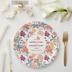 Boho Chic Floral Mid Century Retro Wedding Paper Plate