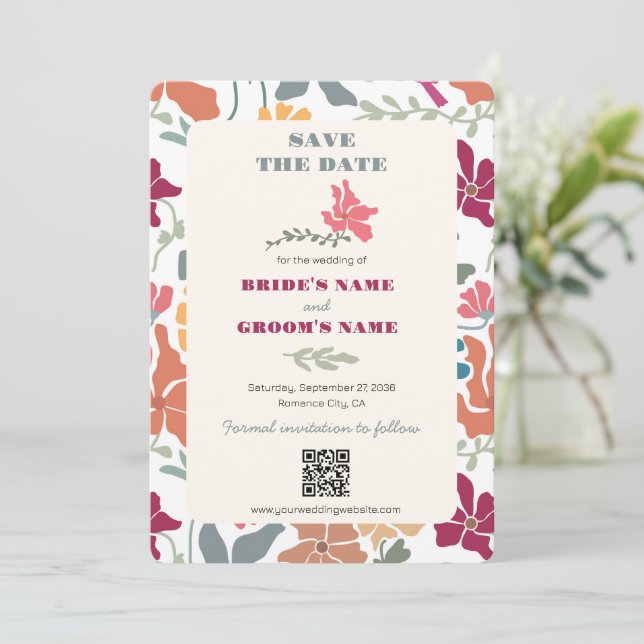 Boho Chic Floral Mid Century Retro Wedding Save The Date (Standing Front)
