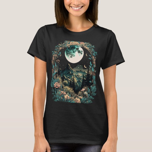 Boho Chic Floral Moon Mountain Forest Nature Retro T-Shirt (Front)