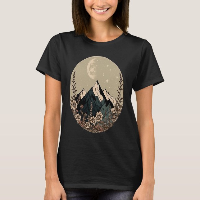 Boho Chic Floral Moon Mountain T-Shirt (Front)