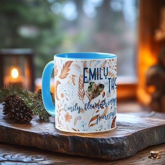 Boho chic floral moon with copper and blue leaves mug