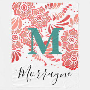 Boho Chic Floral Pattern Coral Red & Teal Monogram Fleece Blanket