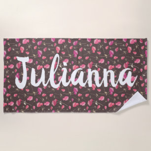 Boho Chic Floral Pattern Pink Brown Personalised Beach Towel