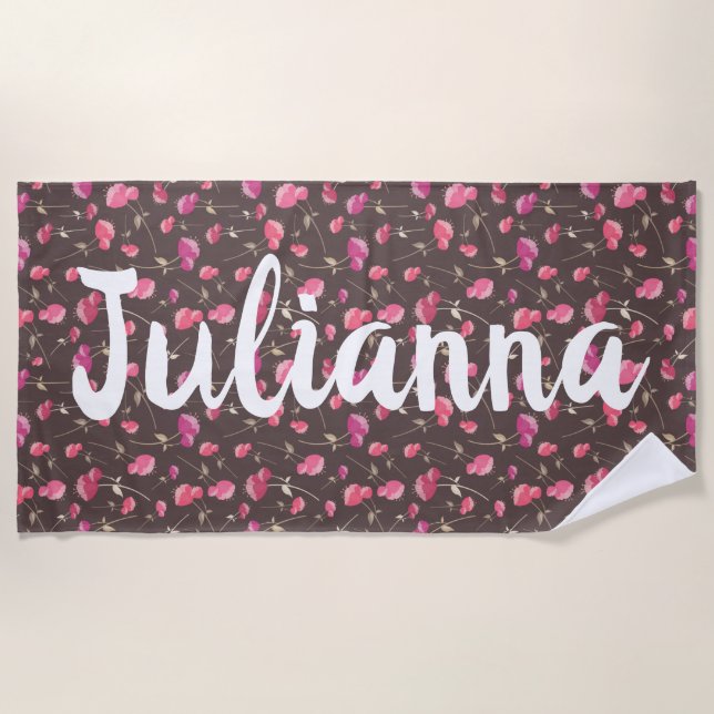 Boho Chic Floral Pattern Pink Brown Personalised Beach Towel (Front)