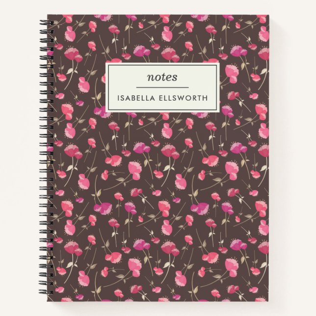 Boho Chic Floral Pattern Pink Brown Personalised Notebook (Front)