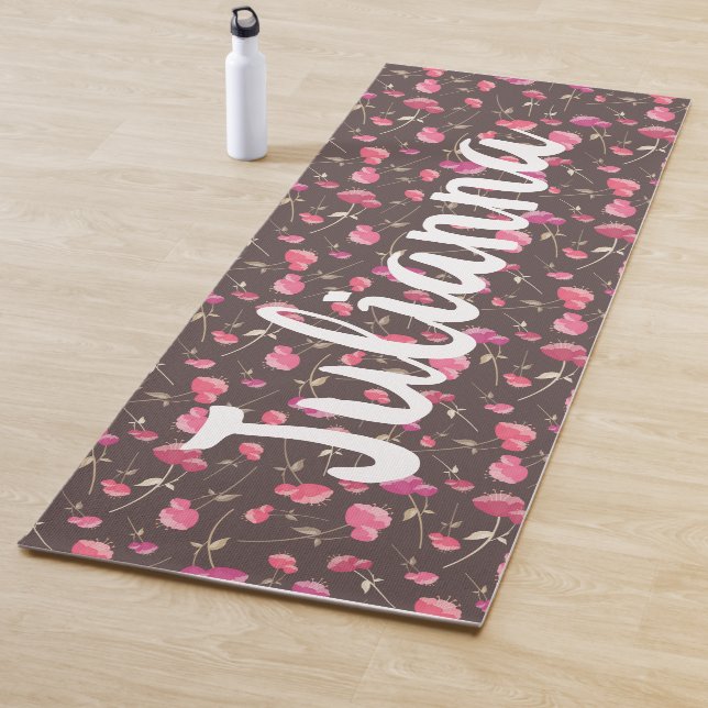 Boho Chic Floral Pattern Pink Brown Personalised Yoga Mat (In Situ)