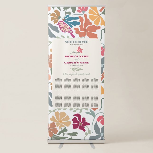 Boho Chic Floral Retro Wedding Seating Chart Retractable Banner (Front)