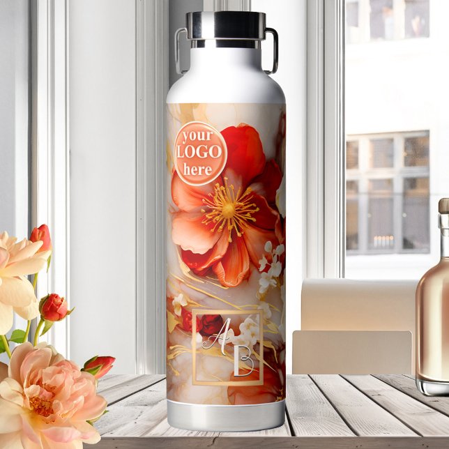 Boho Chic Floral Watercolor Artistic Water Bottle (Water bottle showing an elegant watercolor flower design in cream white and vibrant red and oranges)