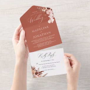 Boho Chic Floral Watercolor Terracotta Wedding All In One Invitation