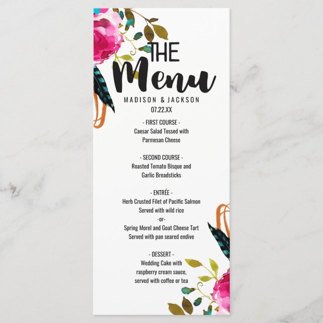 Boho Chic Floral Watercolor Wedding Menu (Front)